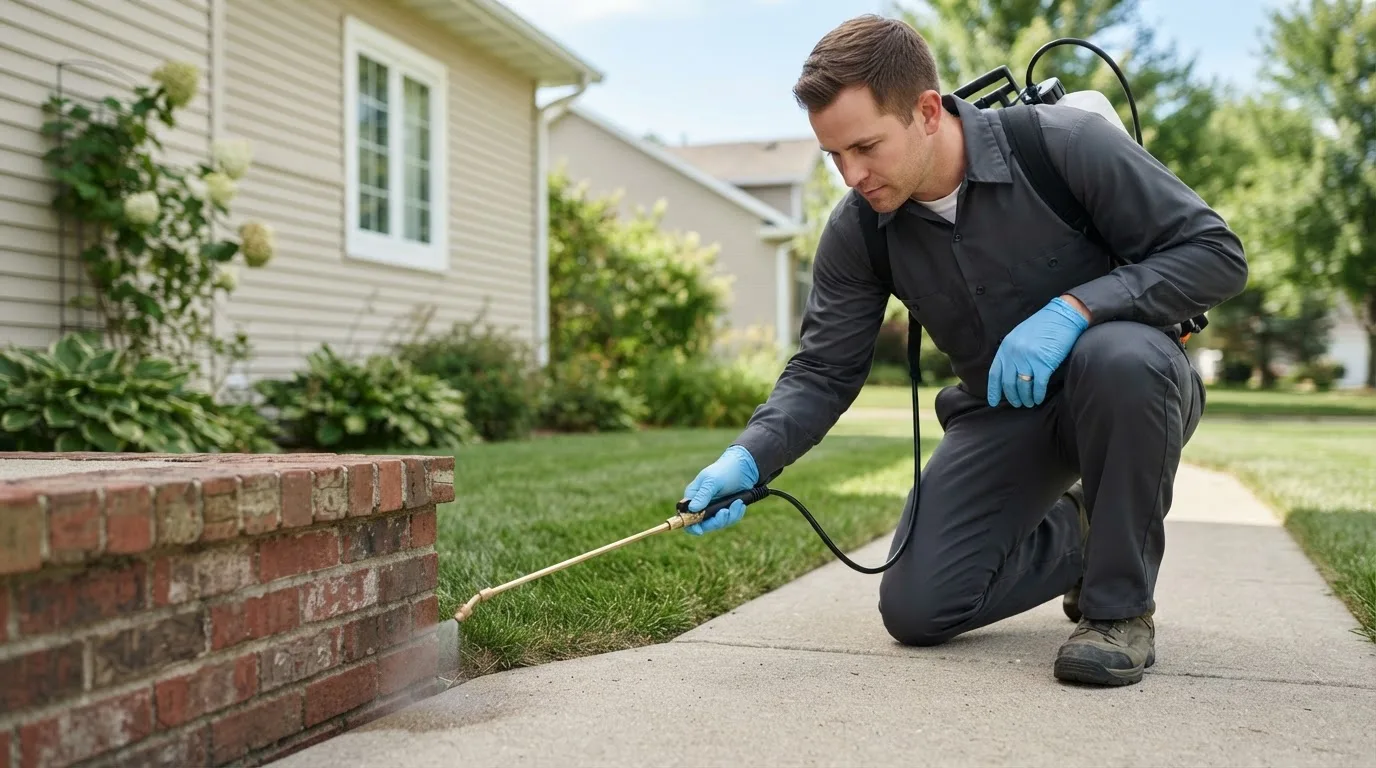Pest control technician treating a home near West Newton, MA